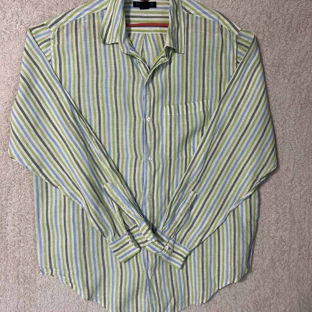 Banana Republic Green Striped Casual Button Down Shirt linen